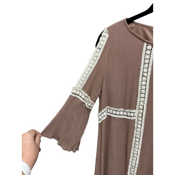 Ya Los Angeles Small Brown‎ Ivory Cold Shoulder Tunic Top Crochet Boho Peasant - Picture 6 of 8